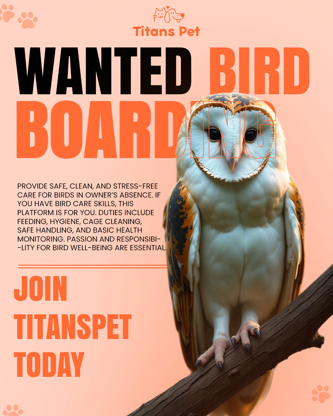 Titans Pet is actively seeking professional Bird Boarding Providers