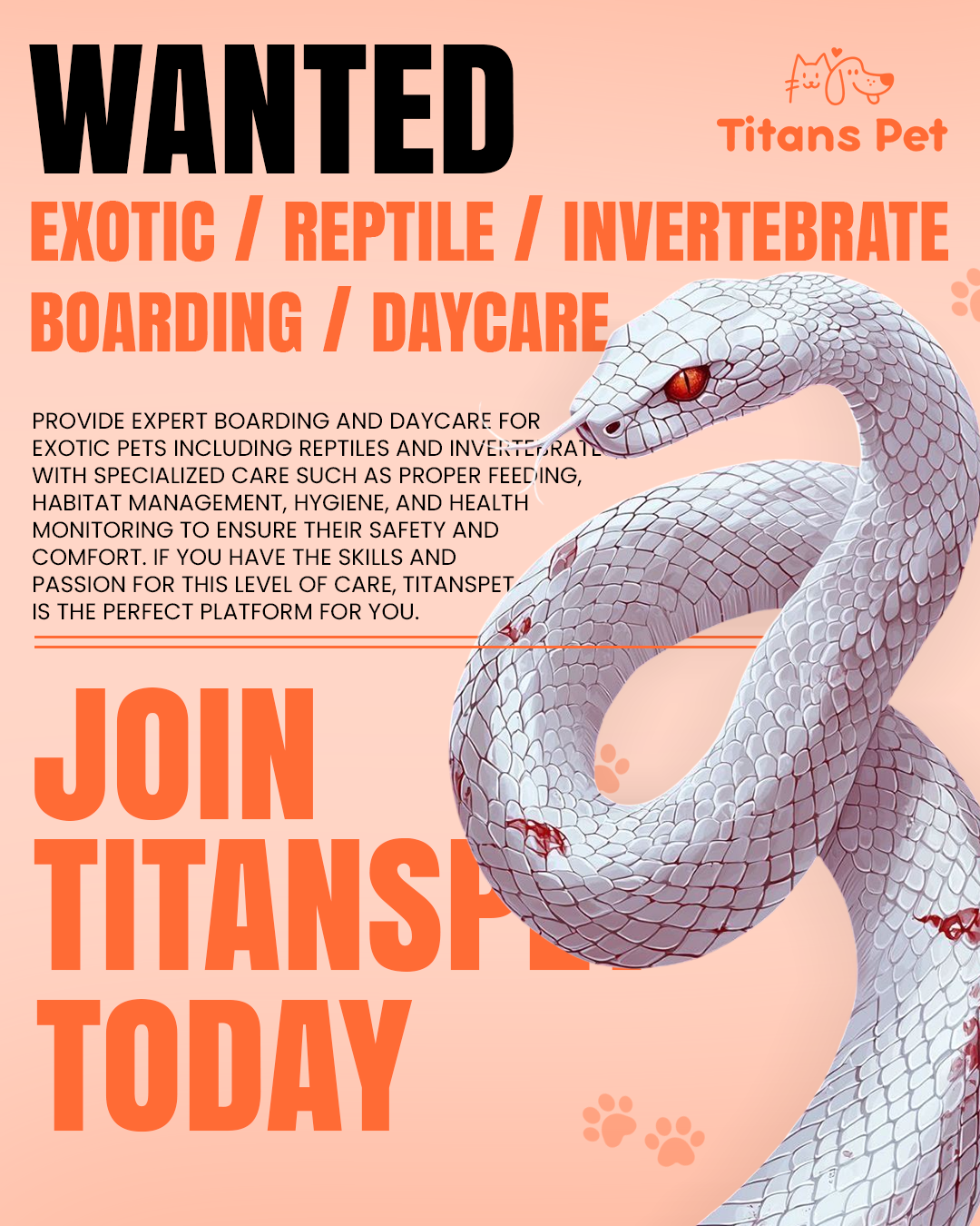 Titans Pet is actively seeking professional Exotic Pet Day Care Providers & Caretakers